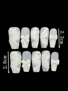 10 Pairs Of Handcrafted Wearable Arm Guards, Press-On False Nails, White Zigzag 3D Bows, Suitable For Women And Can Be Reused. Handmade Press On Nails - White - View 7