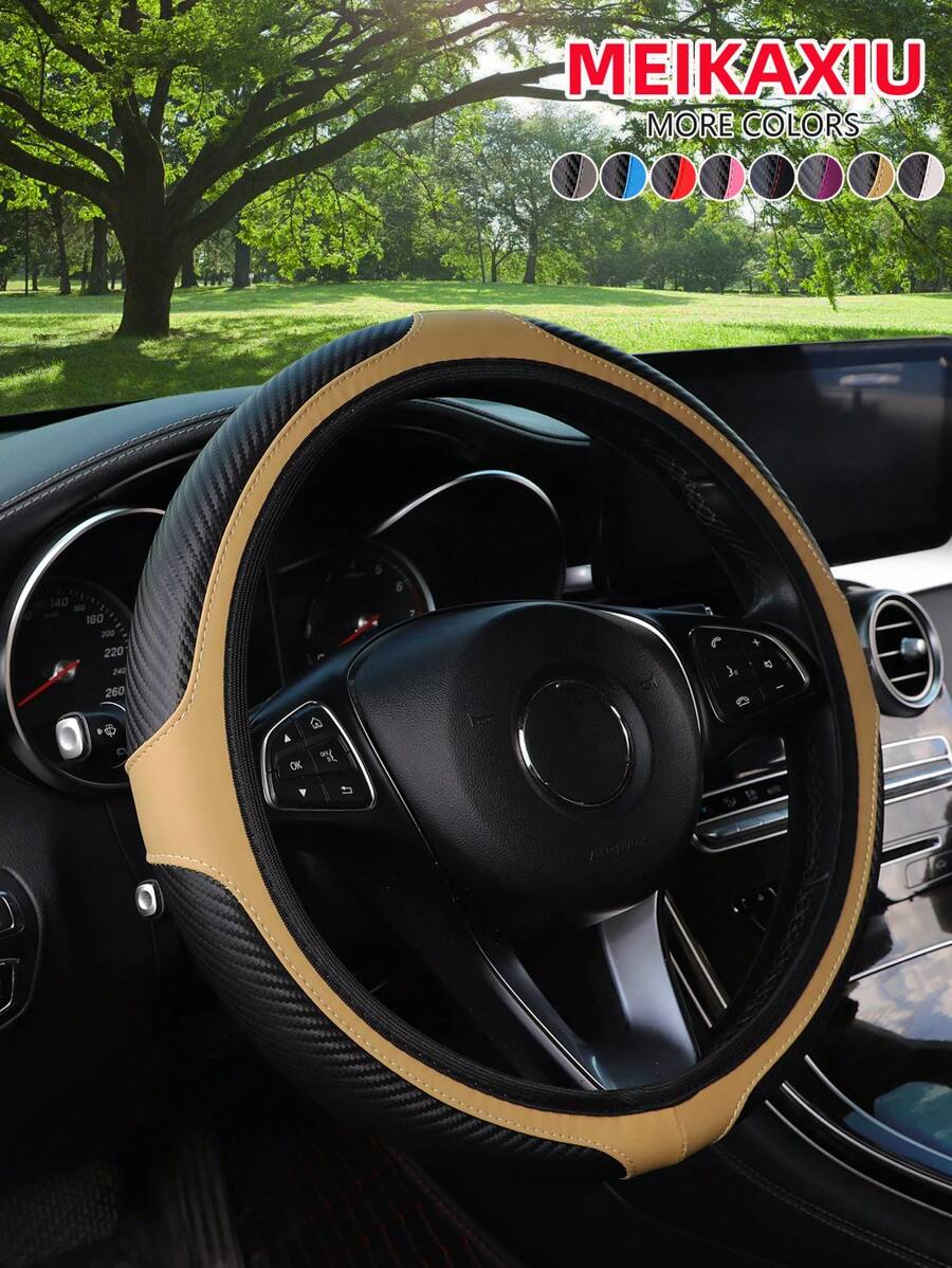 MEIKAXIU Carbon Fiber PU Leather Sports Style Car Steering Wheel Cover Without Inner Ring, Suitable For 14.5-15 Inch Cars, All-Season Universal Car Decor For Women