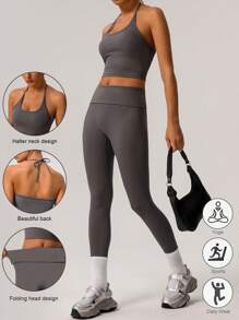 Sodalemon 春夏两件套女士健身吊带加垫背心上衣翻腰瑜伽紧身裤运动套装 - 灰色 - 查看 1