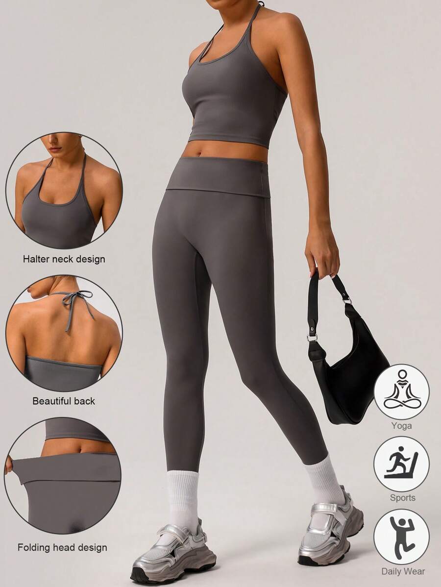 Sodalemon 春夏两件套女士健身吊带加垫背心上衣翻腰瑜伽紧身裤运动套装 - 灰色 - 查看 1