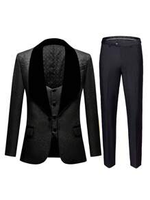 Mens Floral Suits 3 Piece Tuxedo Slim Fit Jacquard Tux Jacket Waistcoat Pants Set Shawl Lapel Blazer For Wedding Prom - Black - View 1