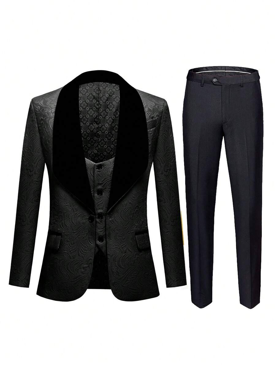 Mens Floral Suits 3 Piece Tuxedo Slim Fit Jacquard Tux Jacket Waistcoat Pants Set Shawl Lapel Blazer For Wedding Prom - Black - View 1