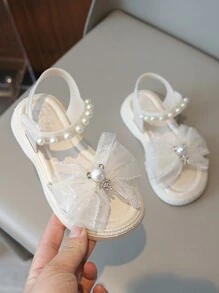1 Pair Girls' Bowknot Rhinestone Teddy Bear Princess Sandals, Kids Casual Versatile Flat Beach Shoes, Toddler/Little/Big Kids Peep Toe Flat Sandals