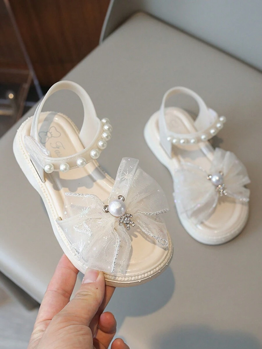 1 Pair Girls' Bowknot Rhinestone Teddy Bear Princess Sandals, Kids Casual Versatile Flat Beach Shoes, Toddler/Little/Big Kids Peep Toe Flat Sandals