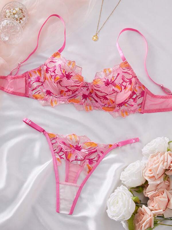 2pcs Rose Red Floral Embroidered Mesh Lace Supportive Lingerie Bra & Panty Set, Romantic For Valentine's Day & Honeymoon, Spring/Summer Ultrathin Bra