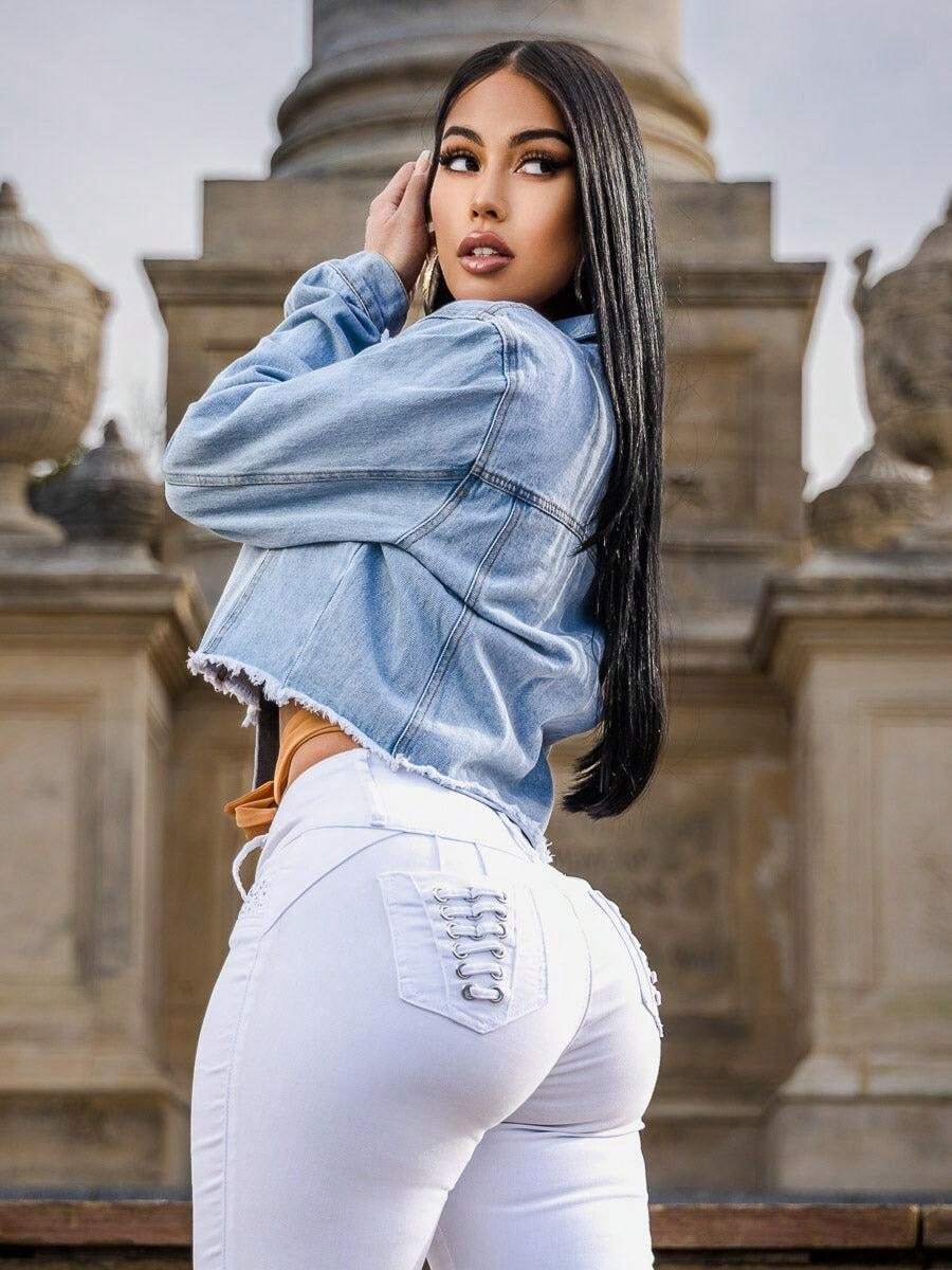 MX JEANS Mid Rise White Butt Lifting Skinny Jeans - 彩色 - 查看 1