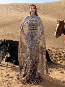 Faeriesty Haute Glamour Luxurious Shimmering Beaded Sequin Maxi Dress With Cape & Fish Tail Hem – High-End Couture, Mermaid Gown, Star-Approved Red Carpet Dress For Weddings, Galas, And Celebrity-Style Parties - Brown - View 4