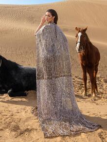 Faeriesty Haute Glamour Luxurious Shimmering Beaded Sequin Maxi Dress With Cape & Fish Tail Hem – High-End Couture, Mermaid Gown, Star-Approved Red Carpet Dress For Weddings, Galas, And Celebrity-Style Parties - Brown - View 3