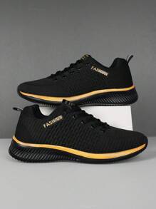 2025 New Spring Autumn Men's Shoes, Korean Style Lace-Up Front, Lightweight, Minimalist Unisex Casual Outdoor Sports Shoes, Breathable Commute Hiking Business Travel Running Sneakers For Men - Black Gold - View 2