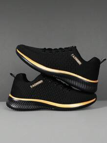 2025 New Spring Autumn Men's Shoes, Korean Style Lace-Up Front, Lightweight, Minimalist Unisex Casual Outdoor Sports Shoes, Breathable Commute Hiking Business Travel Running Sneakers For Men - Black Gold - View 10