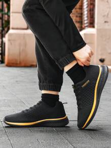 2025 New Spring Autumn Men's Shoes, Korean Style Lace-Up Front, Lightweight, Minimalist Unisex Casual Outdoor Sports Shoes, Breathable Commute Hiking Business Travel Running Sneakers For Men - Black Gold - View 5