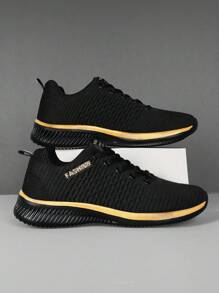 2025 New Spring Autumn Men's Shoes, Korean Style Lace-Up Front, Lightweight, Minimalist Unisex Casual Outdoor Sports Shoes, Breathable Commute Hiking Business Travel Running Sneakers For Men - Black Gold - View 11