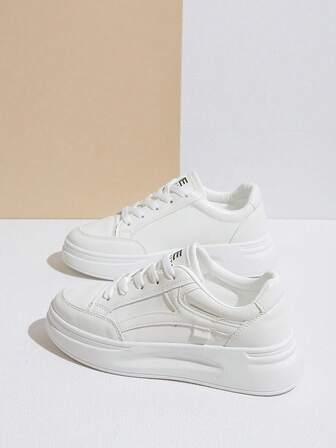 女士厚底系带休闲运动鞋，时尚白色厚底鞋，防水，适合春秋季节