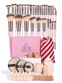 MAANGE 73件套圣诞主题专业化妆工具套装，含圣诞礼盒，30支柔软面部化妆刷+43件粉扑配件，包括粉底刷、散粉刷、腮红刷、眼影刷、修容刷、遮瑕刷、高光刷、晕染刷、眉刷、唇刷、细节刷等。化妆工具采用柔软纤维材质，方便携带，是旅行的理想之选，也是送给女性和女孩的礼物。套装包含齐全的化妆刷，是完整的化妆工具包，也是送给女性和女孩的完美礼物。 - 粉色 - 查看 2