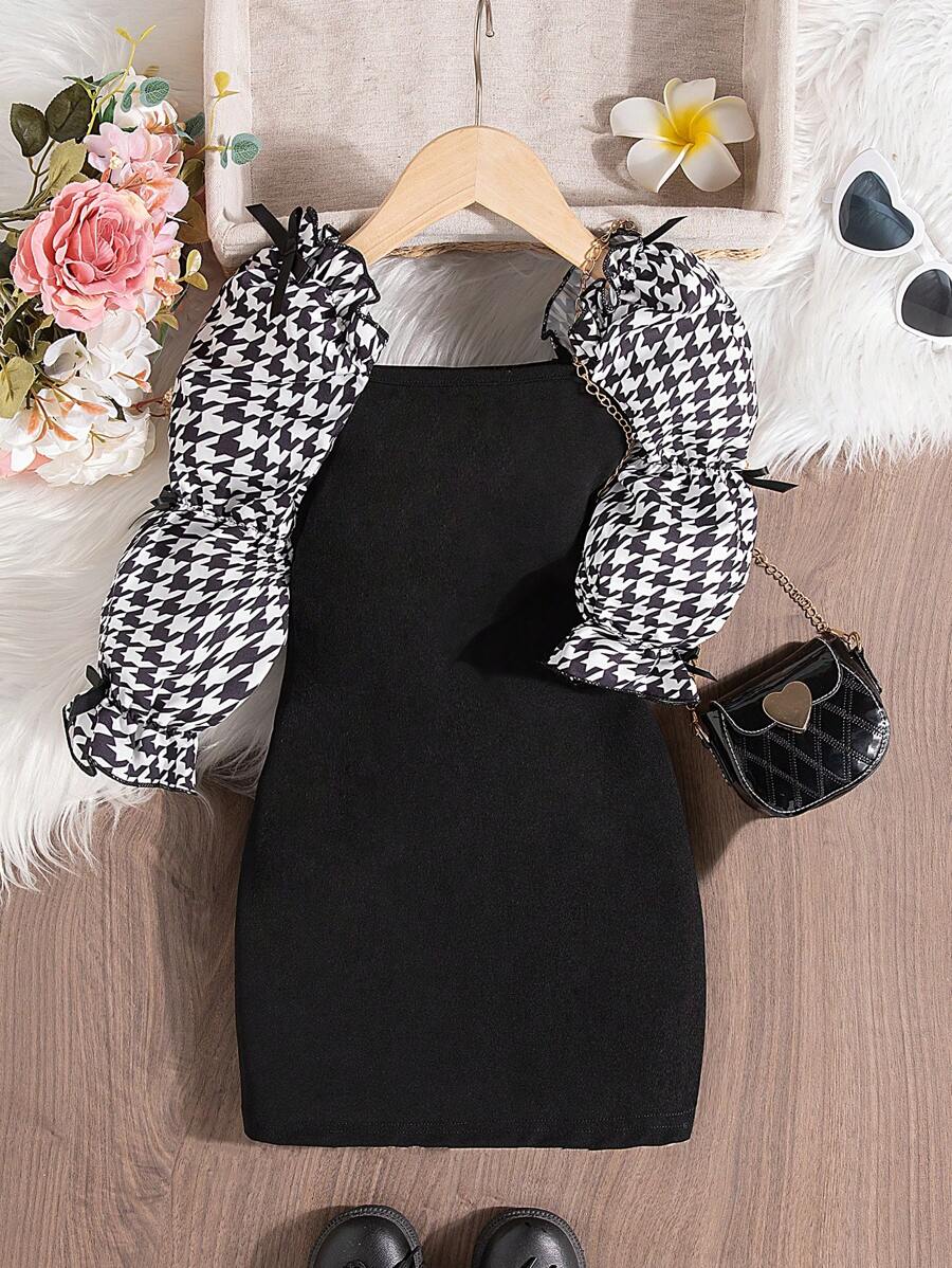 Vestido de niña con mangas abullonadas, decoración de corbata en el lateral y parches, de tela ligera para primavera y otoño - Negro - Ver 1