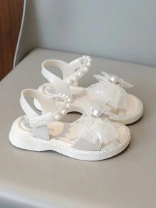 1 Pair Girls' Bowknot Rhinestone Teddy Bear Princess Sandals, Kids Casual Versatile Flat Beach Shoes, Toddler/Little/Big Kids Peep Toe Flat Sandals