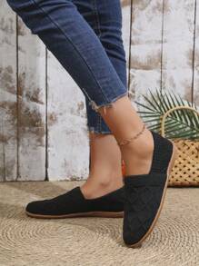 女士时尚休闲针织平底乐福鞋，圆头一脚蹬舒适百搭平底鞋 - 黑色 - 查看 4