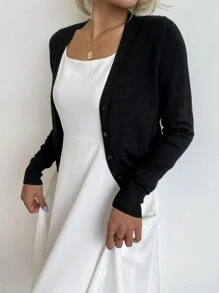 AAmilife Simple Fitted Comfortable Short Cardigan For Women, Long Sleeve - Black - View 3