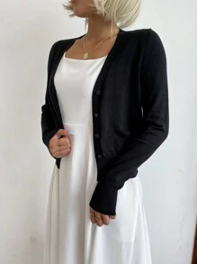 AAmilife Simple Fitted Comfortable Short Cardigan For Women, Long Sleeve - Black - View 5