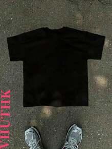 (220 Pure Cotton T-Shirt)    Men's Summer Round Neck Short Sleeved Casual Pure Cotton Print  Y2K Style Hand Drawn - 黑色 - 查看 2