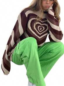 Women Love Heart Print Sweater, Long Sleeve O-neck Knitted Pullover for Autumn, Winter - Marrón - Ver 3