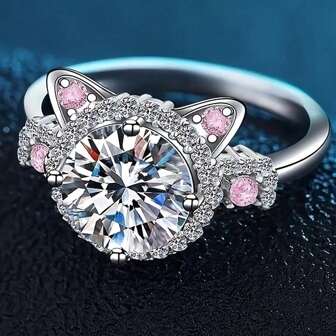 New Korean Style Promise Ring With Charming Pink Crystal Rhinestone Cat Head Design, Alloy Fashion Accessory Suitable For Daily Wear, Parties, Gatherings And Gifting