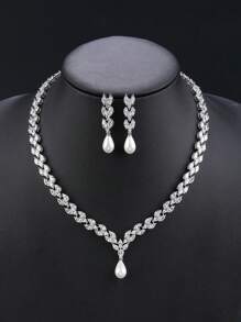 1 套 3 件套奢华方晶锆石项链和耳环首饰套装，婚礼派对项链搭配新娘礼服，人造珍珠首饰，适合情人节、妈妈、母亲、母亲节、礼物 - 豪華套裝 - 查看 3