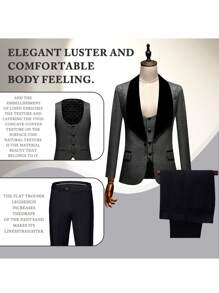 Mens Floral Suits 3 Piece Tuxedo Slim Fit Jacquard Tux Jacket Waistcoat Pants Set Shawl Lapel Blazer For Wedding Prom - Black - View 2
