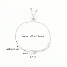 1条新款不锈钢双心字母可调节银色串珠手链，女士款 - 款式4 - 查看 2