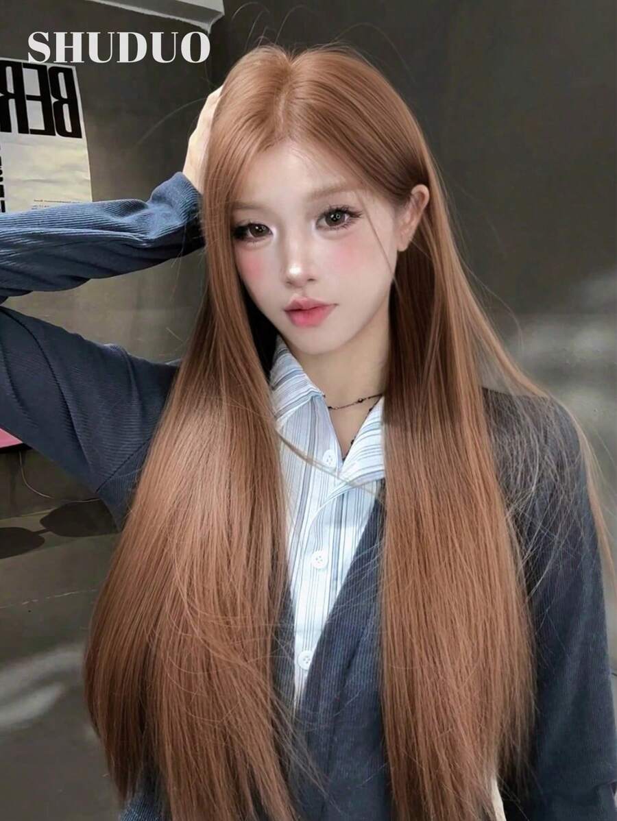 Vordere stirnförmige Spitze 4*1, vordere Stirnspitze lange gerade Perücke, Mittelscheitel Perücke, flachsbraun 28 Zoll Perücke, halbgewebte tägliche natürliche, glatte und realistische Perücke (ohne Zubehör)