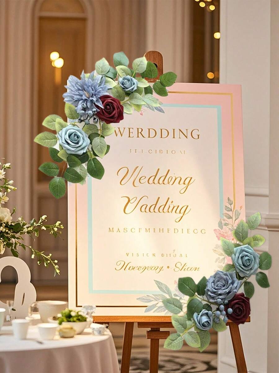 Pack Of 2 Artificial Flowers Decorations, Wedding Arch Flowers, Wedding, Banquet, Party, Reception Entrance Welcome Sign And Background Decoration, Welcome Sign Decorations Rustic Green Leaves Artificial Flowers For Birthday Anniversary Ceremony - Blue - View 1