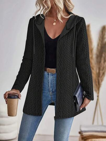 Women's Fashionable Autumn/Winter Elegant Textured Cable Knit Solid Color Zip-Up Hoodie Outerwear