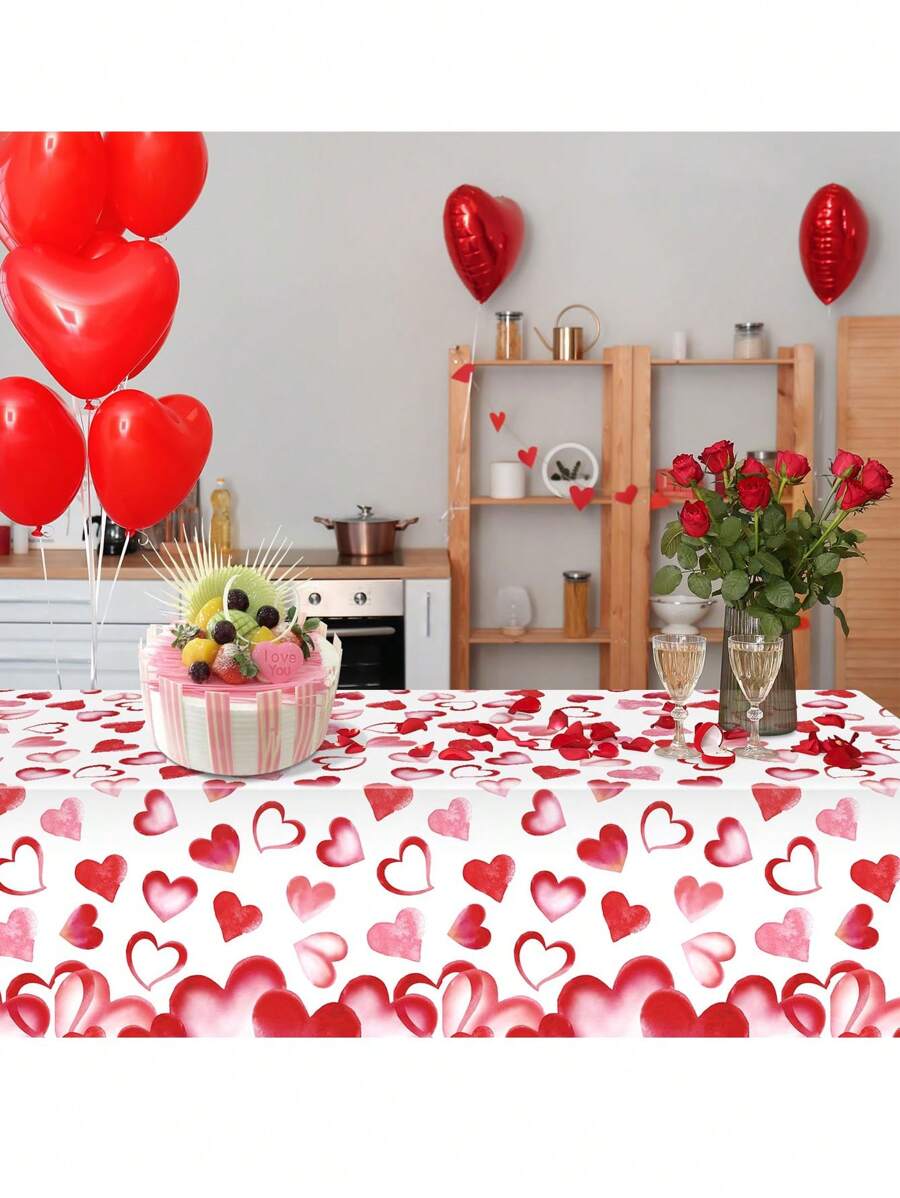 1pc Heart-Shaped Valentine's Day Party Tablecloth, 1-Time Use Red Heart Rectangular Plastic Tablecloth, 54x108 Inches, Suitable For Wedding, Birthday, Anniversary, Engagement, Valentine's Day, Christmas, New Year Eve Holiday Party Supplies - Multicolor - View 1