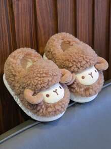 1 Pair Cute 3D Sheep Design Kids Slippers, Fluffy Cartoon House Shoes For Boys, Winter - Brown - View 3