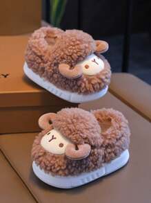 1 Pair Cute 3D Sheep Design Kids Slippers, Fluffy Cartoon House Shoes For Boys, Winter - Brown - View 4