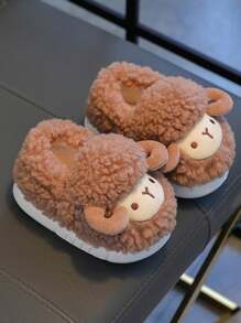 1 Pair Cute 3D Sheep Design Kids Slippers, Fluffy Cartoon House Shoes For Boys, Winter - Brown - View 5