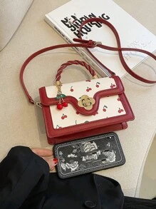 Burgundy Red,Anchor Red,Bordeaux Red,Ruby Red,Maroon,Crimson,Cherry Color Burgundy Fashionable High-End Ladies Square-Shaped PU Handbag, Multifunctional Cute Cherry Printed Shoulder Bag, Suitable For Shopping, Dating, Crossbody Bag For Girls, Kawaii Cherry Elements - Multicolor - View 4