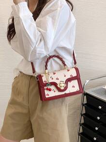 Burgundy Red,Anchor Red,Bordeaux Red,Ruby Red,Maroon,Crimson,Cherry Color Burgundy Fashionable High-End Ladies Square-Shaped PU Handbag, Multifunctional Cute Cherry Printed Shoulder Bag, Suitable For Shopping, Dating, Crossbody Bag For Girls, Kawaii Cherry Elements - Multicolor - View 3