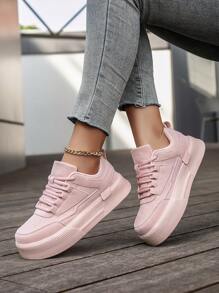 Women's Fashion Solid Color Retro Leather Splice Outdoor Casual Sports Shoes, Classic Lace-Up High Platform Thick Sole Cushioned Comfortable Versatile Flat Non-Slip Sneakers