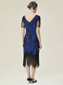 BABEYOND 1920s Art Deco Fringed Sequin Dress Roaring 20s Flapper Fancy Dress - 藏蓝色 - 查看 2