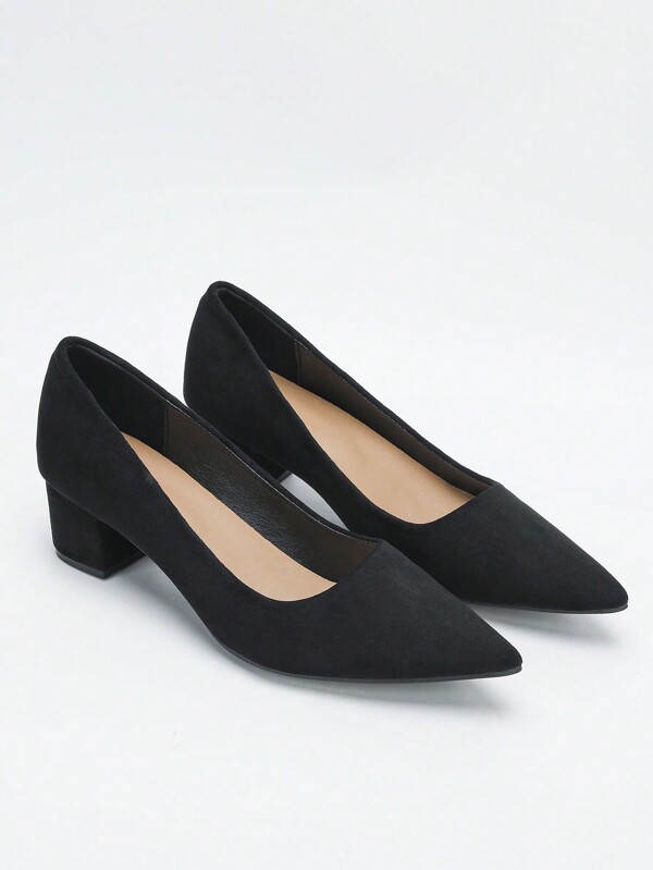 Sapatos de salto alto femininos de ajuste largo, bico fino,, estilo simples, preto, sapatos de trabalho para escritório, primavera