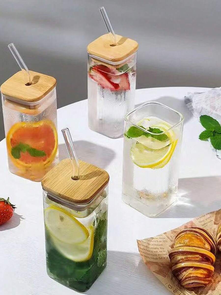 方形玻璃咖啡/牛奶杯，加厚微波炉安全耐热杯带盖，早餐杯