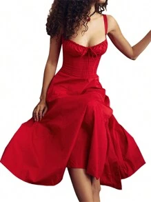 Women Summer Dress Solid Color Sleeveless Bandage Party A-Line Dress For Cocktail Nightclub Beach - 紅色 - 查看 7