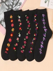 5 Pairs Elegant Women Floral Jacquard Mid-Calf Socks, Vintage Style Socks Suitable For Mothers & Grandmothers, Comfortable Soft Breathable Loose Design, Suitable For Daily, Casual, Sports Wear, All Seasons - Multicolor - View 2