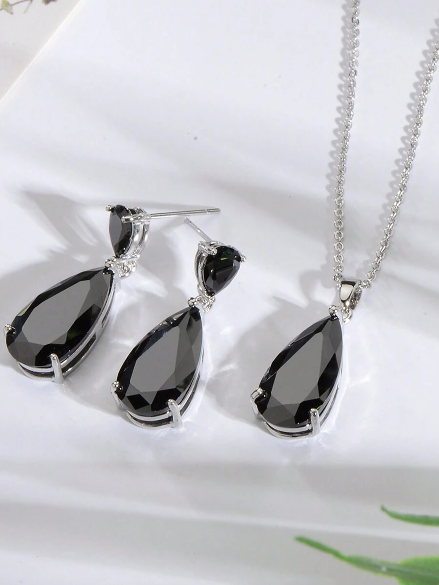 3pcs Women's Multi-Color Crystal Zirconia Jewelry Set - Gold/White Plated Multi-Color Teardrop Cubic Zirconia Crystal Earrings And Pendant Necklace Set, Suitable For Mothers' Weddings, PROM Parties, Birth Stone Fashion - 黑色 - 查看 1