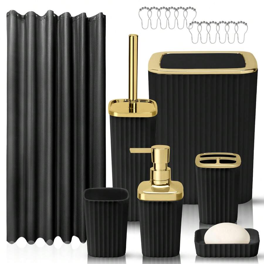 1pc Bamboo Covered Bathroom Accessory Set,8pcs Bathroom Accessories Set - Toothbrush Holder, Mouthwash Cup, Soap Dispenser, Soap Dish, Toilet Brush, Trash Can, Shower Curtain And Hook For Bathroom Supplies, Bath Set Housewarming Gift - Square Gold Edge Black - View 1