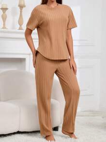2 件套女士纯色短袖上衣和裤子套装，简约休闲舒适柔软睡衣家居服套装 - 卡其色 - 查看 4