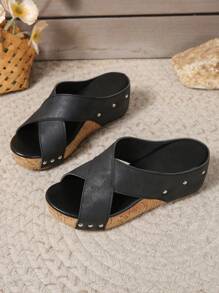 New Arrival Hot-Selling Crisscross Platform Slide Sandals, Casual Fashion Wedge Slippers Suitable For Outdoor, Versatile, Non-Slip, Breathable - Black - View 4