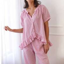 Women 2 Piece Pajama Set Plaid Short Sleeve Button Down Ruffle Tops Shirt Drawstring Long Pants Pajamas Lounge Sets Sleepwear - Pink - View 5