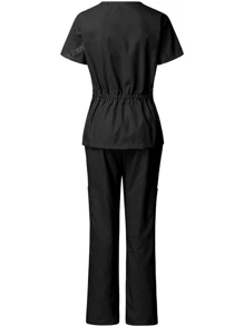 Ensemble de tenue de travail femme avec chemise col V, manches courtes, poche et pantalon